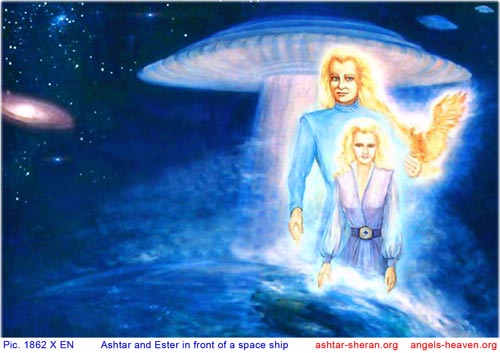 Ashtar Sheran and Esther in front of a space ship